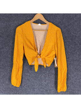 New Garage Cropped Top Women XS Orange Polka Dot V-Neck Tie Up Long Sleeve